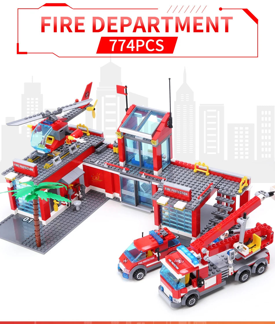 HUIQIBAO 774pcs City Fire Station Model Building Blocks Boys Firefighter Truck Educational Construction Bricks Toys For Children