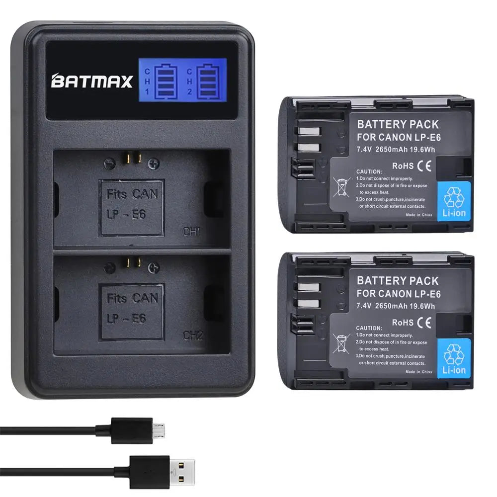 2650mAh LP-E6 LP-E6N LP E6 Battery + LCD USB Dual  Charger for Canon EOS 6D 7D 5D Mark II III IV 60D 60Da 70D 80D 5DS R XC10