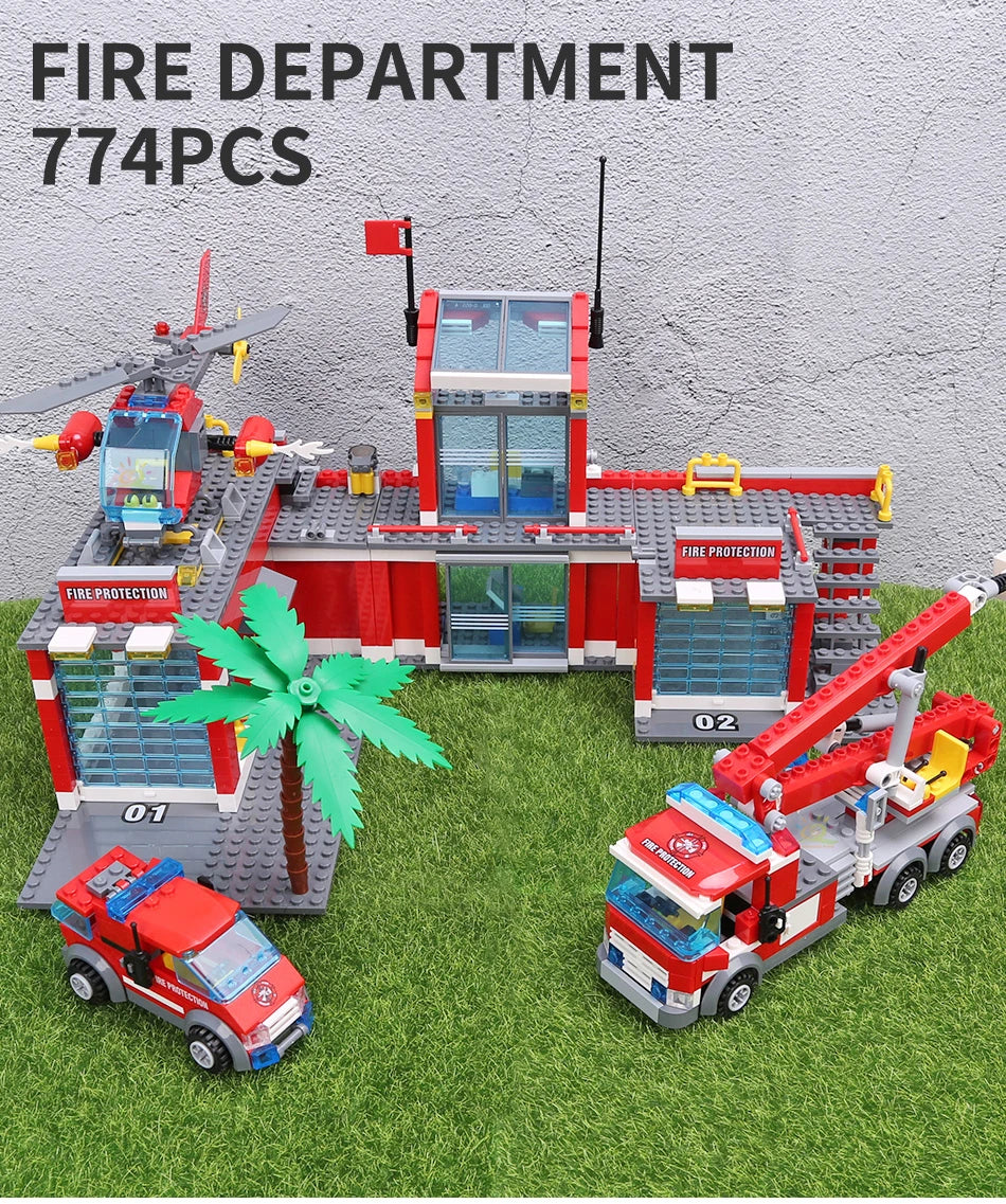 HUIQIBAO 774pcs City Fire Station Model Building Blocks Boys Firefighter Truck Educational Construction Bricks Toys For Children