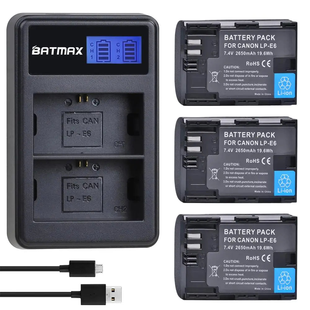 2650mAh LP-E6 LP-E6N LP E6 Battery + LCD USB Dual  Charger for Canon EOS 6D 7D 5D Mark II III IV 60D 60Da 70D 80D 5DS R XC10