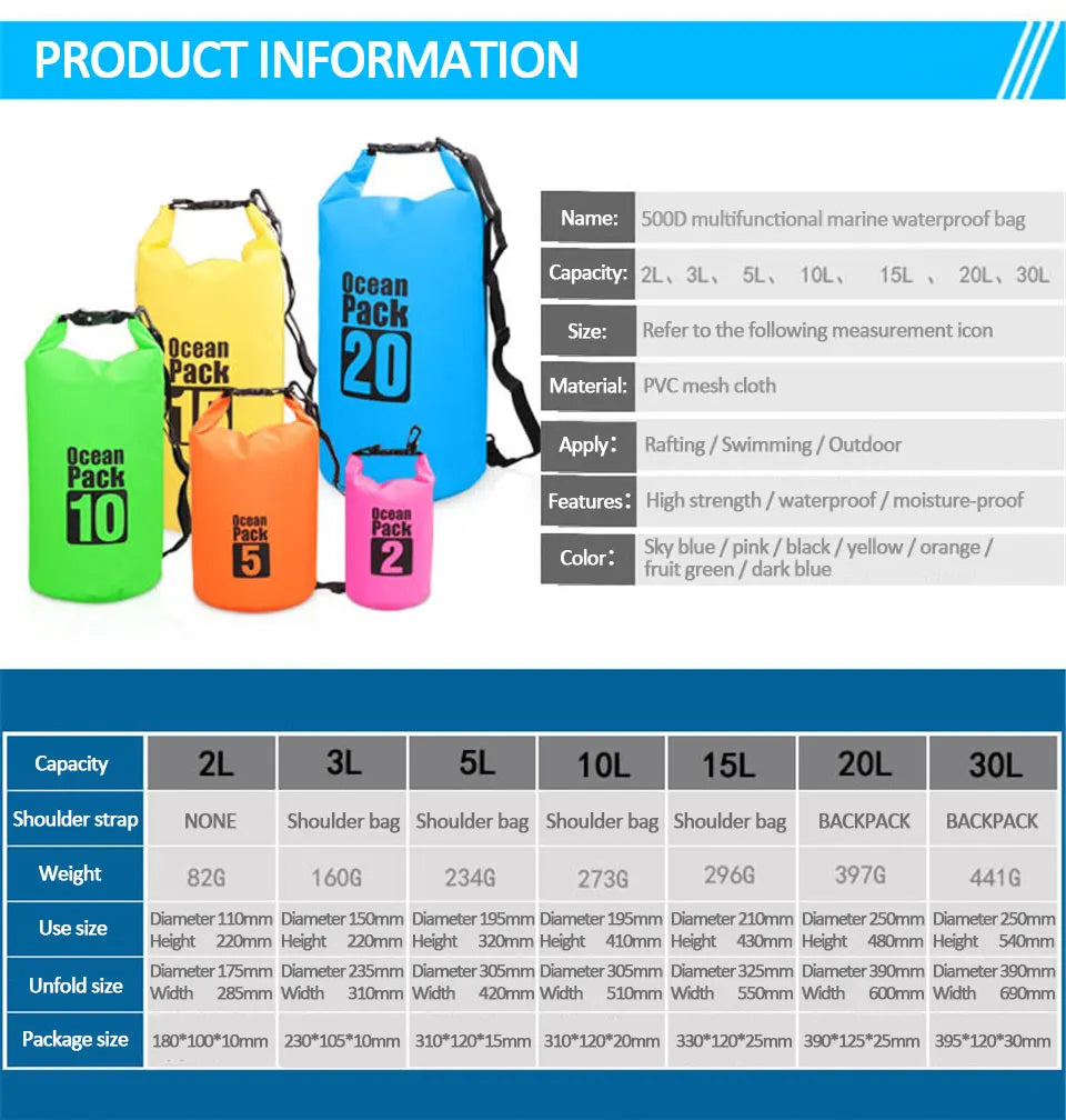 Waterproof PVC Dry Bag for Women Men 2L/5L/10L/15L/20L/30L Outdoor Sport Storage Bag for Kayaking, Boating, Fishing, Swimming