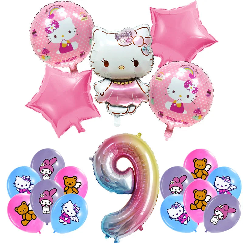 Hello Kitty Birthday Party Decoration Cartoon Cat Kids Aluminum Foil Balloon Disposable Tableware Banner Child Event Supplies