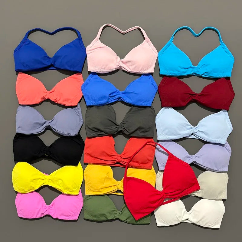 Sports Bra Strappy Backless Yoga Gym Bra Scrunch Push-up Removable Cups Women Workout Clothing Gym Top Halter Sport Bras