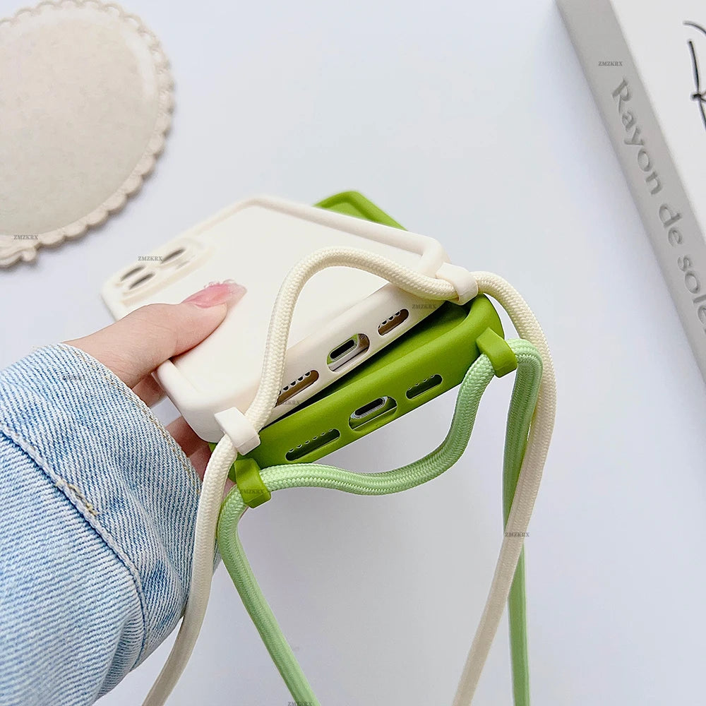 Crossbody Necklace Strap Adjustable Lanyard Silicone Phone Case For iphone 16 15 14 13 12 11 Pro X XR XS Max 7 8 Plus Soft Cover