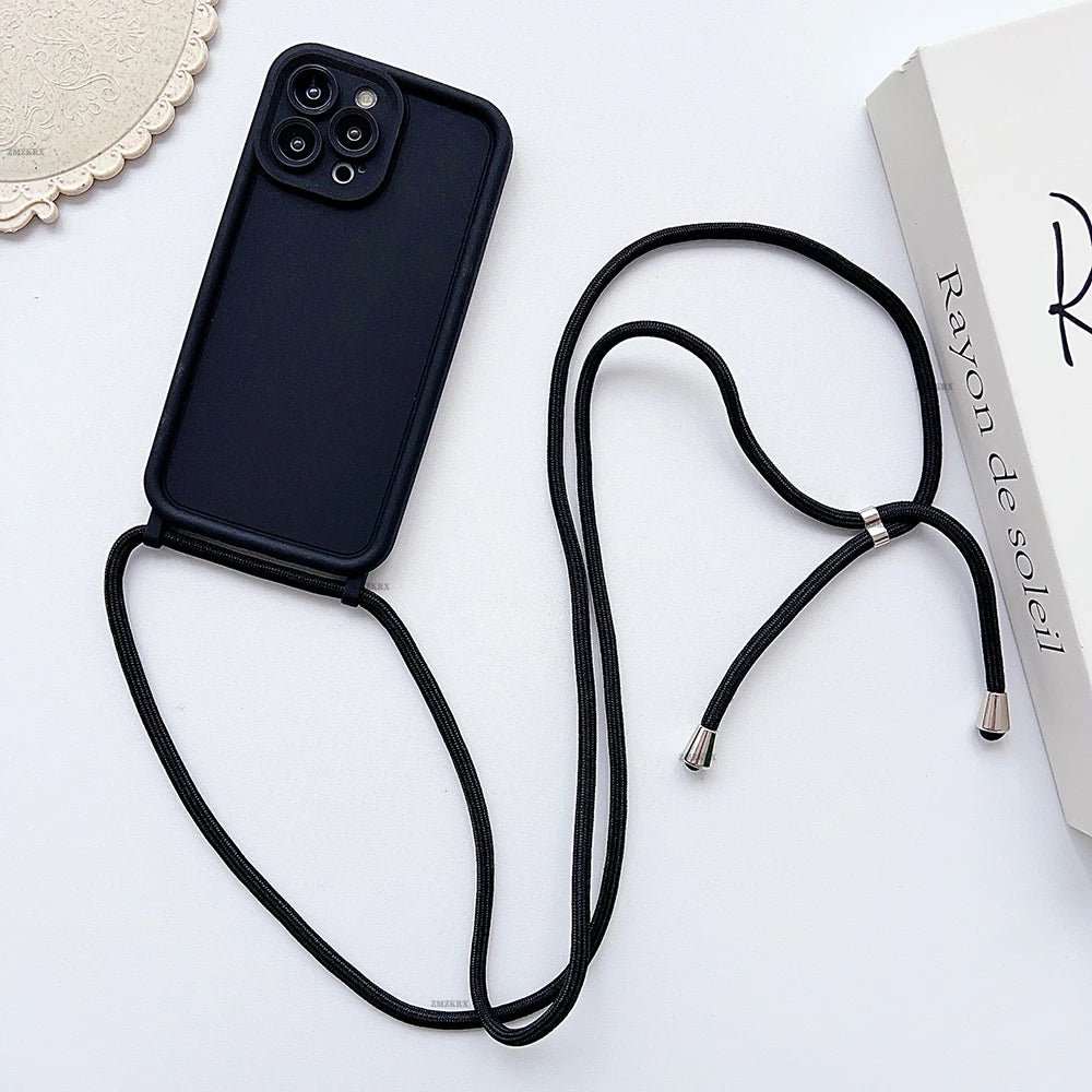 Crossbody Necklace Strap Adjustable Lanyard Silicone Phone Case For iphone 16 15 14 13 12 11 Pro X XR XS Max 7 8 Plus Soft Cover
