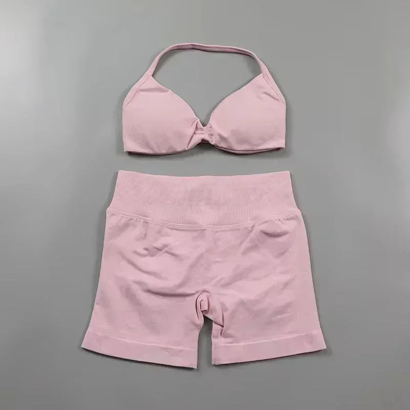 2 Pieces Sports Set Women Backless Tank Tops High Waist Scrunch Seamless Shorts Sport Suit Gym Set Sportswear Workout Set