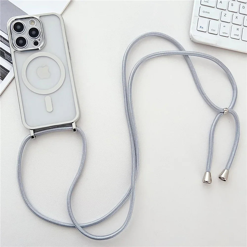 Crossboby Lanyard Plating Clear Phone Case For iPhone 17 Air 16E 16 15 14 13 12 Pro Max For Magsafe Magnetic Necklace Cord Cover