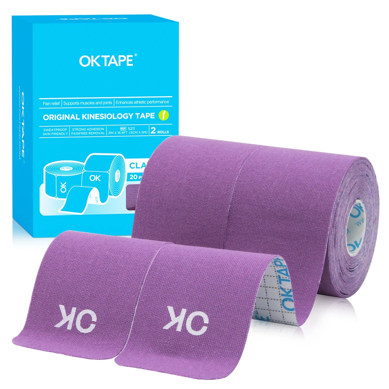 2 Rolls OK TAPE Updated Kinesiology Tape, New Packaging 5cm x 5m, 25cm Precut 20 Strips, Cotton Elastic Athletic Tape Latex Free