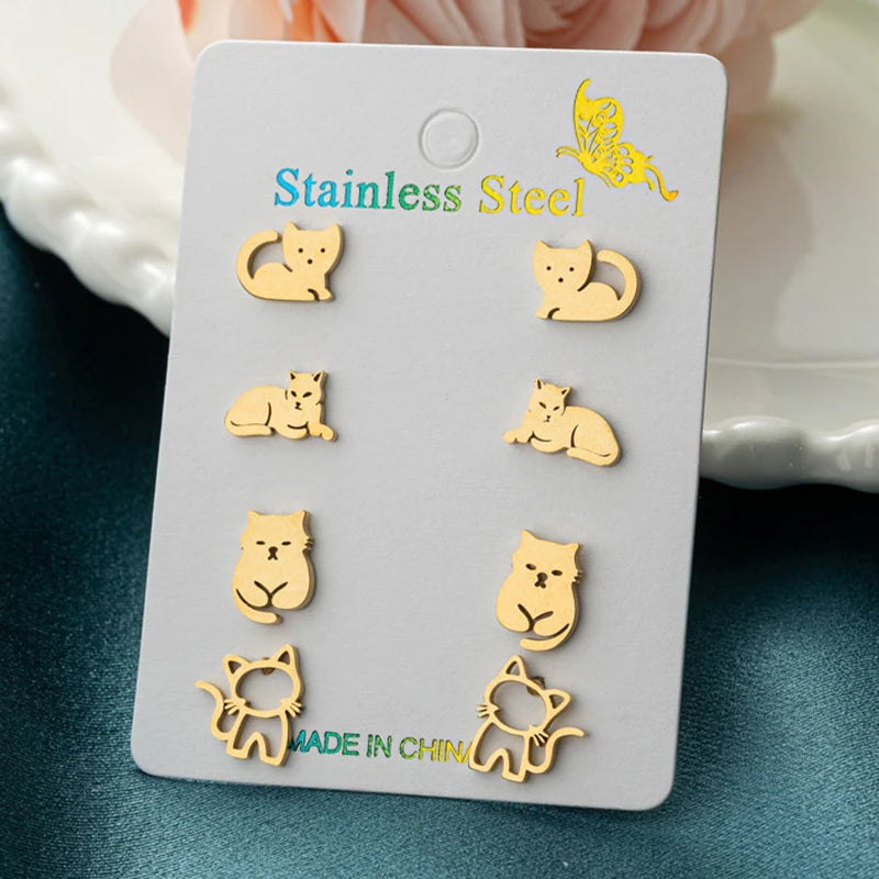 4Pairs/Lot Fashion Stainless Steel Star Moon Stud Earrings Sets for Women Small Flower Porker Dog Earings Jewelry Gift Wholesale