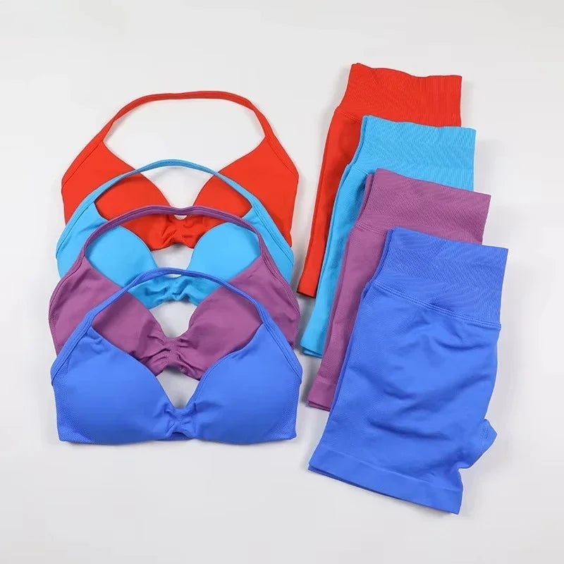 2 Pieces Sports Set Women Backless Tank Tops High Waist Scrunch Seamless Shorts Sport Suit Gym Set Sportswear Workout Set