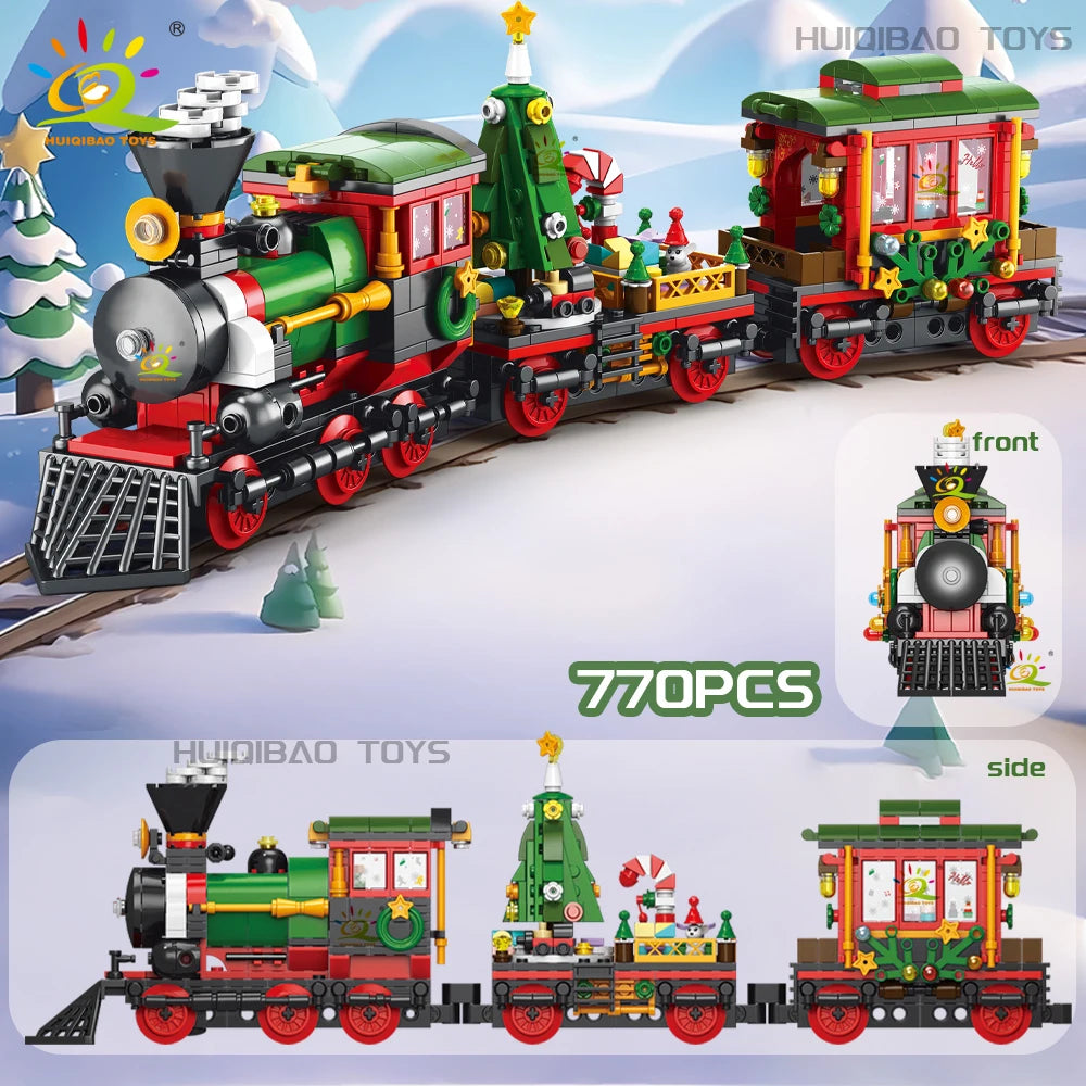 HUIQIBAO Christmas 24 Day Countdown Calendar Tree Santa Claus Train Model Building Block DIY Bricks Toys for Children Adult Gift