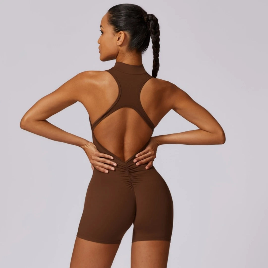 Solid Soft Backless Back Waist Scrunch Yoga Jumpsuit Short Set Women Zipper Sportswear Fitness One Piece Sports Suit Workout
