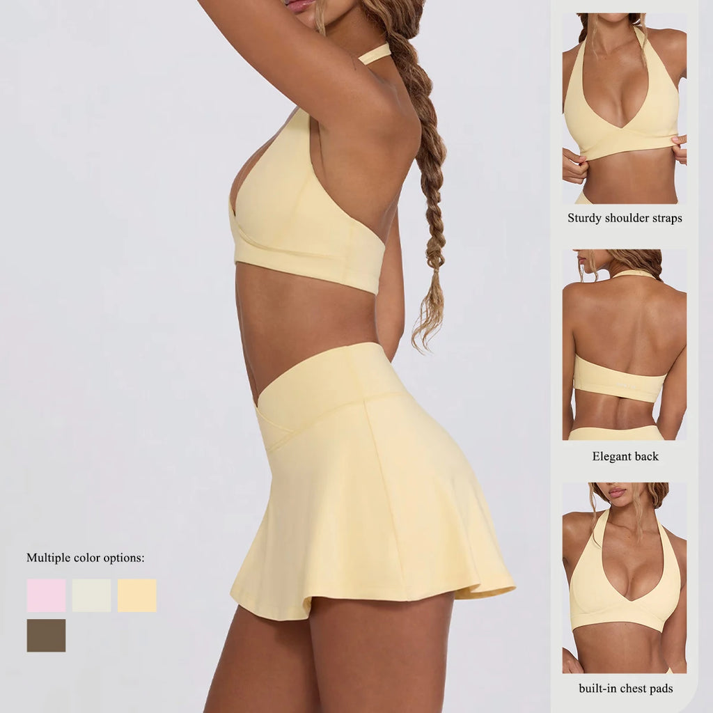 Ctenkevet Women Chest Padding And High Elasticity Bra Set 2Pcs Tennis Skirt Sportswear Female Golf Suits Sport Outfit For Woman