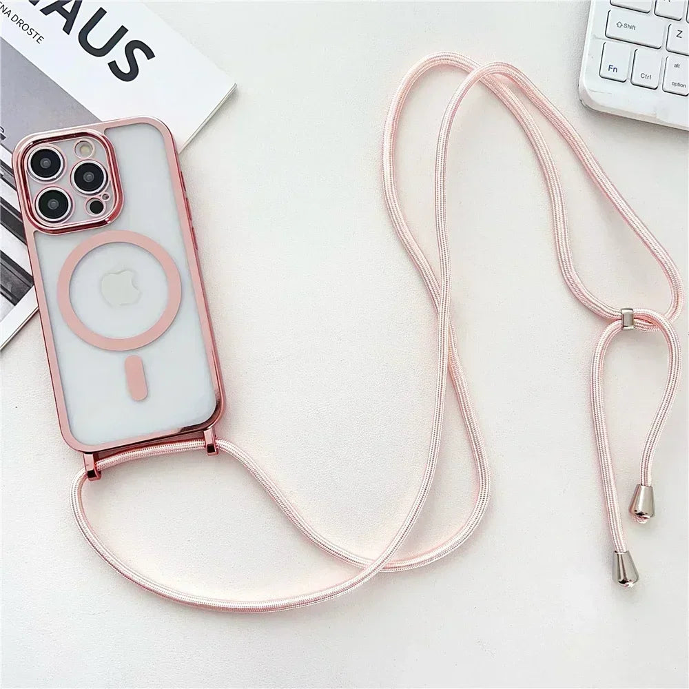 Crossboby Lanyard Plating Clear Phone Case For iPhone 17 Air 16E 16 15 14 13 12 Pro Max For Magsafe Magnetic Necklace Cord Cover
