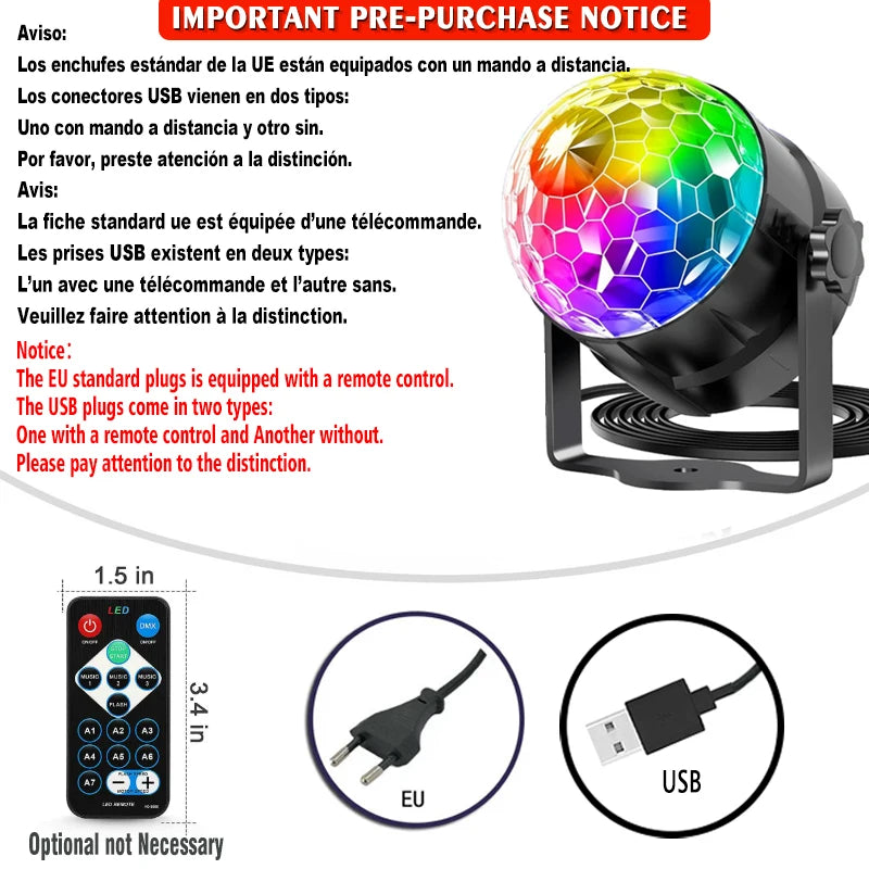 LED Stage Disco Light Rotating DJ Ball Strobe Colorful Magic Dance Car Ambient RGB Christmas Gift Party Club Car Laser Show Lamp