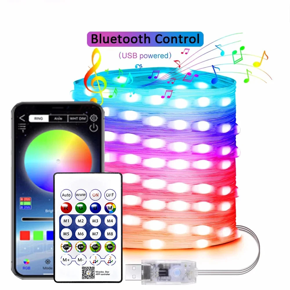 String LED Bluetooth Fairy Lights Dreamcolor RGBIC DIY Party Christmas Tree Lights Wedding Decor Garland USB Lamp 15M/10M/5M/2M