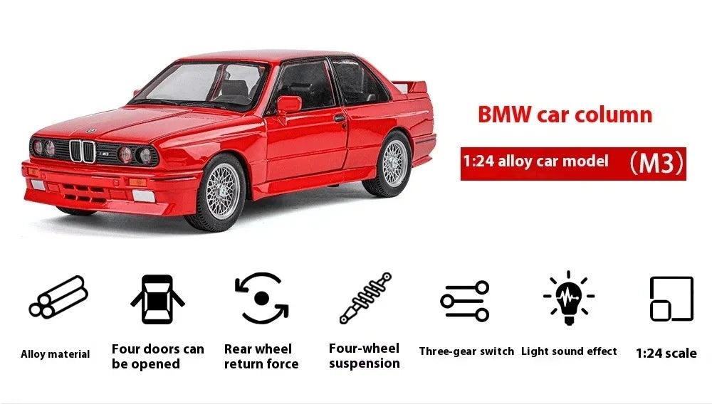 1:24 1988 BMW M3 E30 Alloy Sports Car Model Diecasts Metal Classic Car Vehicles Model Simulation Sound and Light Kids Toys Gifts
