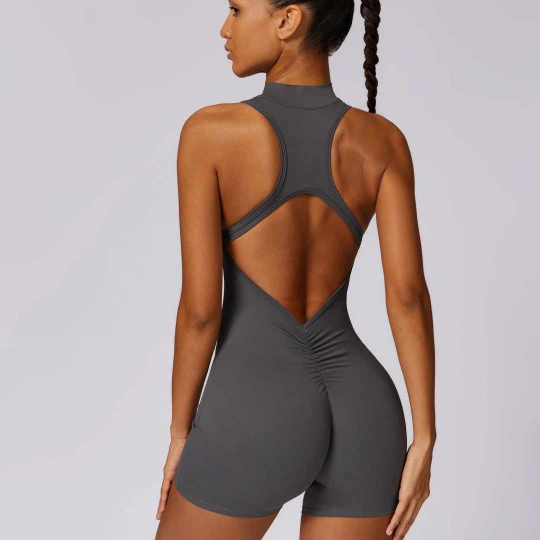 Solid Soft Backless Back Waist Scrunch Yoga Jumpsuit Short Set Women Zipper Sportswear Fitness One Piece Sports Suit Workout