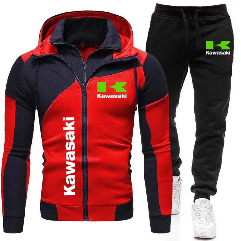 Kawasaki Logo Motorcycle Racing Team Men Zip Up Hoodie Pant Sets 2025 Fashion Male Zip Up Sweatshirt Pants Suit Sport Coat Set