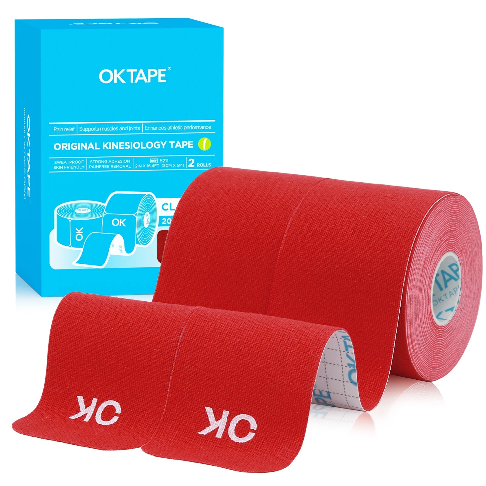 2 Rolls OK TAPE Updated Kinesiology Tape, New Packaging 5cm x 5m, 25cm Precut 20 Strips, Cotton Elastic Athletic Tape Latex Free