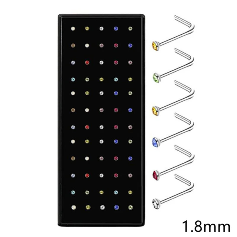 60Pcs Fashion L Shape Rhinestone Crystal Stainless Steel Nose Piercing Ear Bone Women Hypoallergenic Body Jewelry Piercing