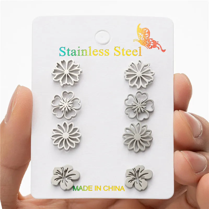 4Pairs/Lot Fashion Stainless Steel Star Moon Stud Earrings Sets for Women Small Flower Porker Dog Earings Jewelry Gift Wholesale