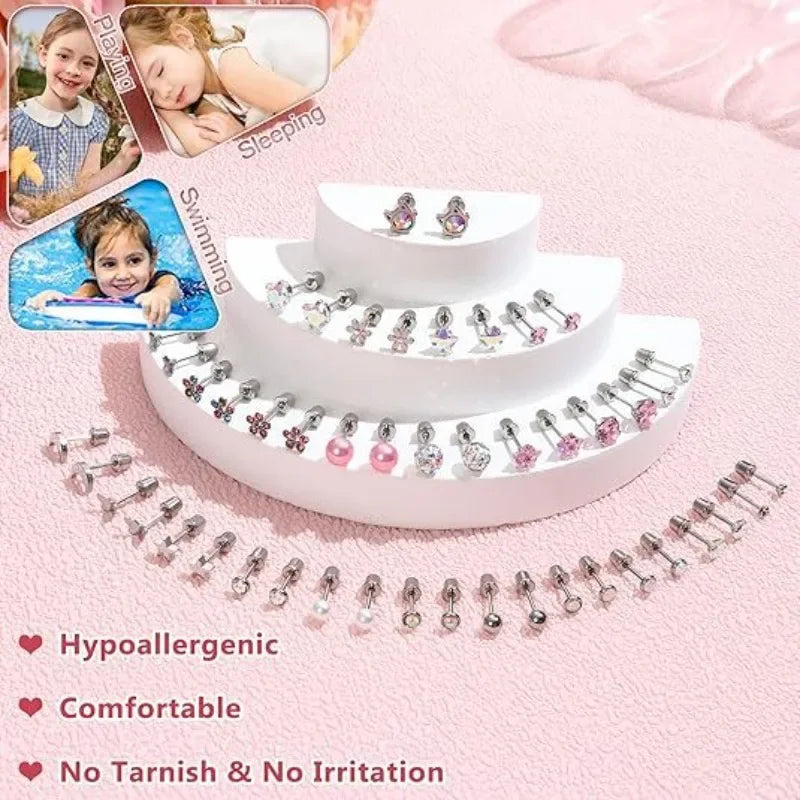 12 Pairs Hypoallergenic Surgical Stainless Steel Stud Earrings for Girls Kids Women Daughter Fashion Zircon Crystal Pearls Stud
