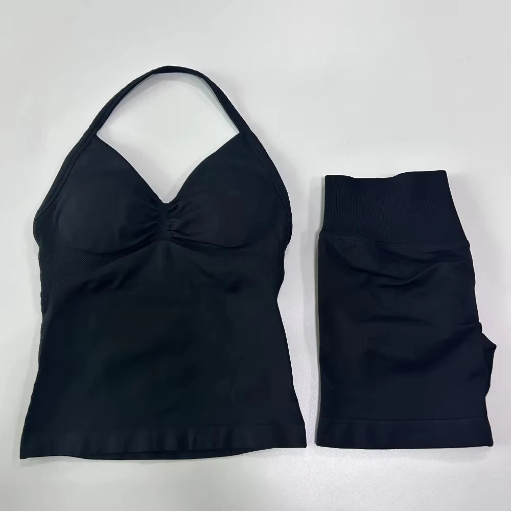 2 Pieces Impact Sports Set Women Backless Tank Yoga Tops High Waist Scrunch Seamless Shorts Sport Gym Set Sportswear Workout Set