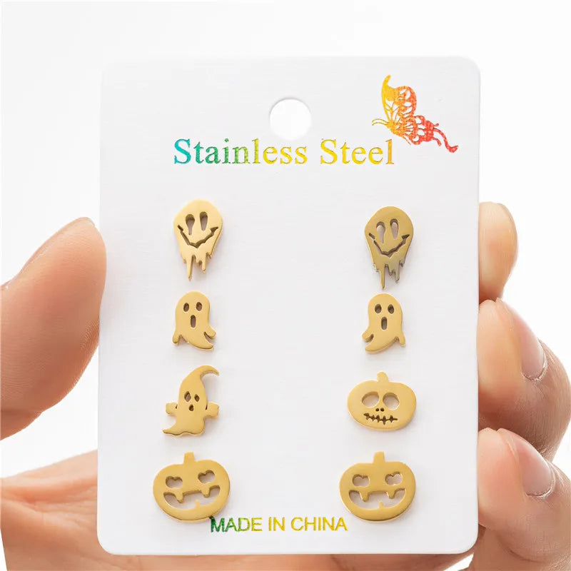 4Pairs/Lot Fashion Stainless Steel Star Moon Stud Earrings Sets for Women Small Flower Porker Dog Earings Jewelry Gift Wholesale