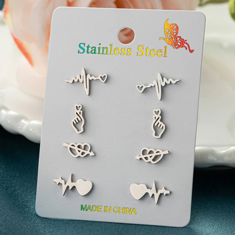 4Pairs/Lot Fashion Stainless Steel Star Moon Stud Earrings Sets for Women Small Flower Porker Dog Earings Jewelry Gift Wholesale