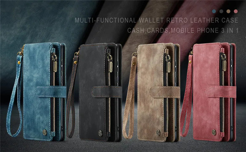 Flip Leather Phone Case For Samsung Galaxy S25 Edge S24 Ultra S23 FE S22 S21 S20 Plus Note 20 A16 A56 Zipper Wallet Card Cover