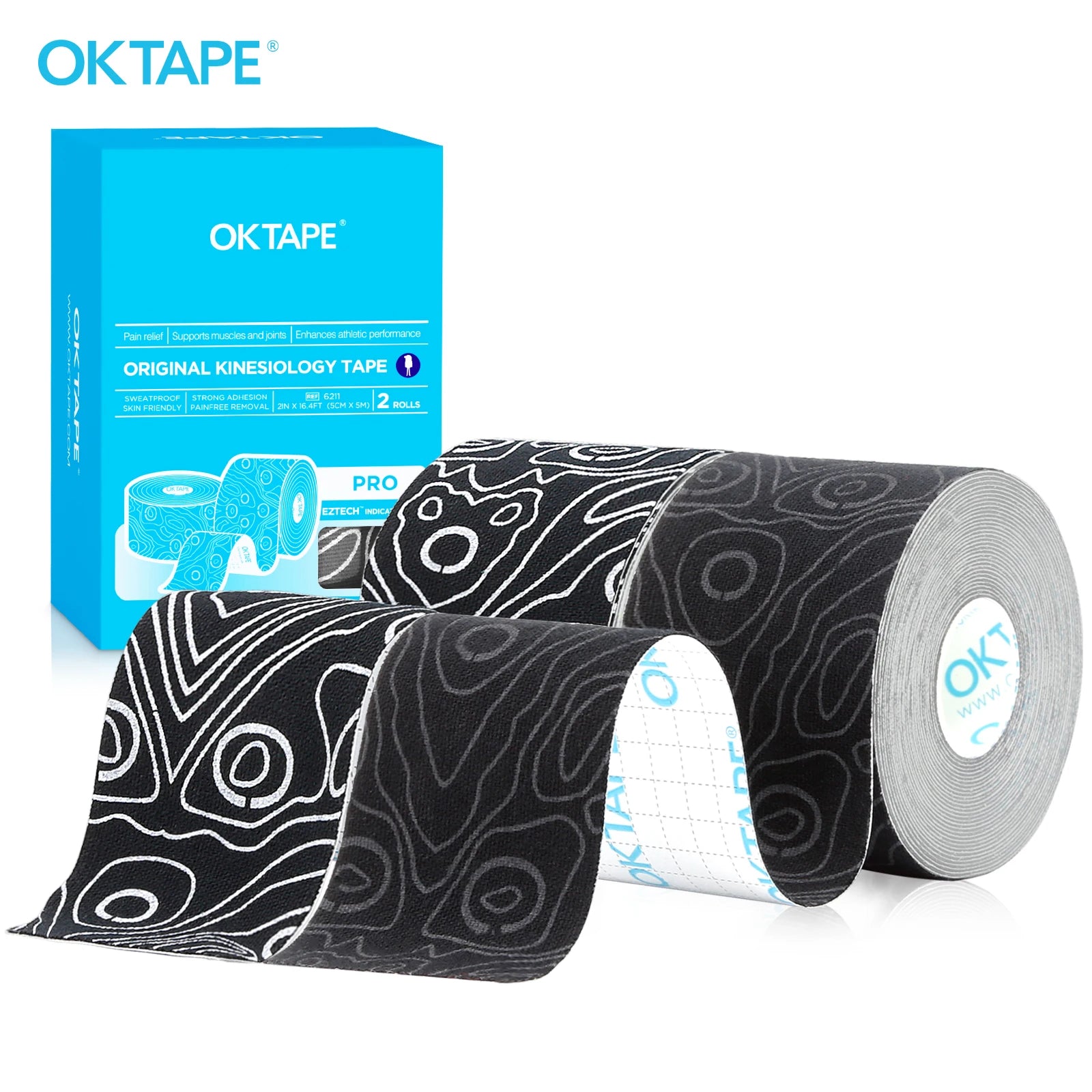 2 Rolls OK TAPE PRO Kinesiology Tape, New Packaging 5cmX16ft Free Cut Tape, Updated Elastic Athletic Tape Therapeutic Latex Free