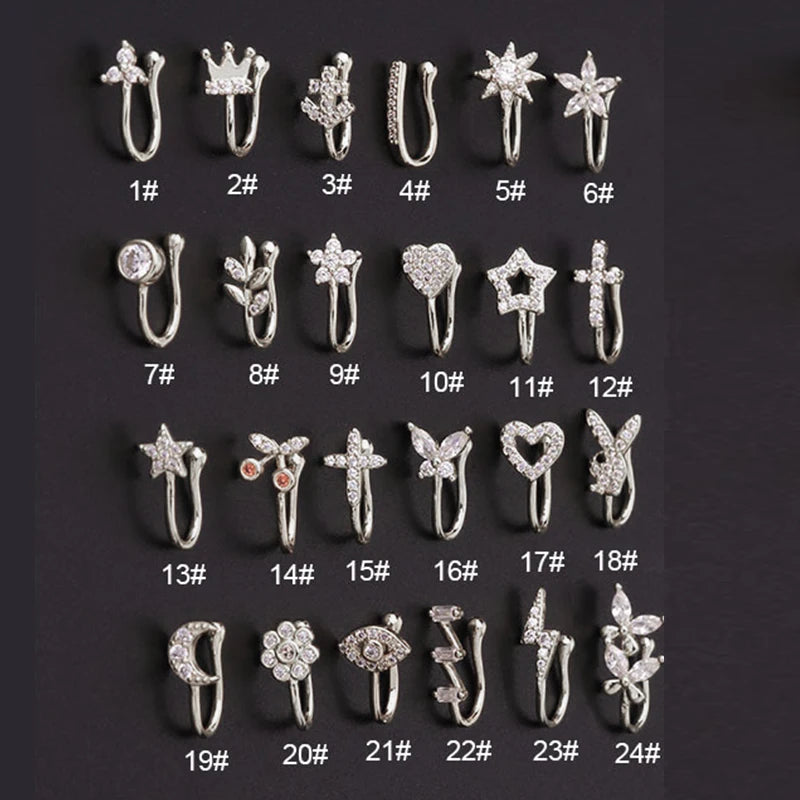 Fake Piercing Clip Nose Ring Cuff Body Jewelry for Women New Trend 1PCS Ear Cuffs Heart Star Flowers Butterfly Clip Rings KAE197