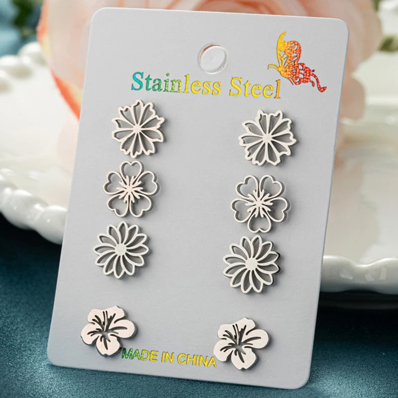 4Pairs/Lot Fashion Stainless Steel Star Moon Stud Earrings Sets for Women Small Flower Porker Dog Earings Jewelry Gift Wholesale