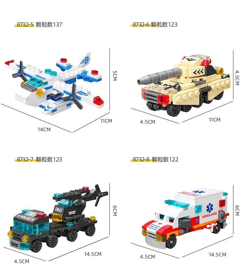 6IN1 Building Blocks City Fire Car Police Truck Engineering Crane Tank Helicopter Bricks Set Toys for Children Kids