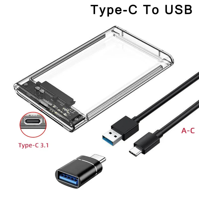 USB 3.0/Type C HDD Enclosure 2.5 inch SATA SSD External Hard Drive Case with 5Gbps Transfer Speed Clear Harddisk Boxs Tool-Free