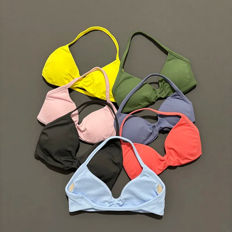 Sports Bra Strappy Backless Yoga Gym Bra Scrunch Push-up Removable Cups Women Workout Clothing Gym Top Halter Sport Bras