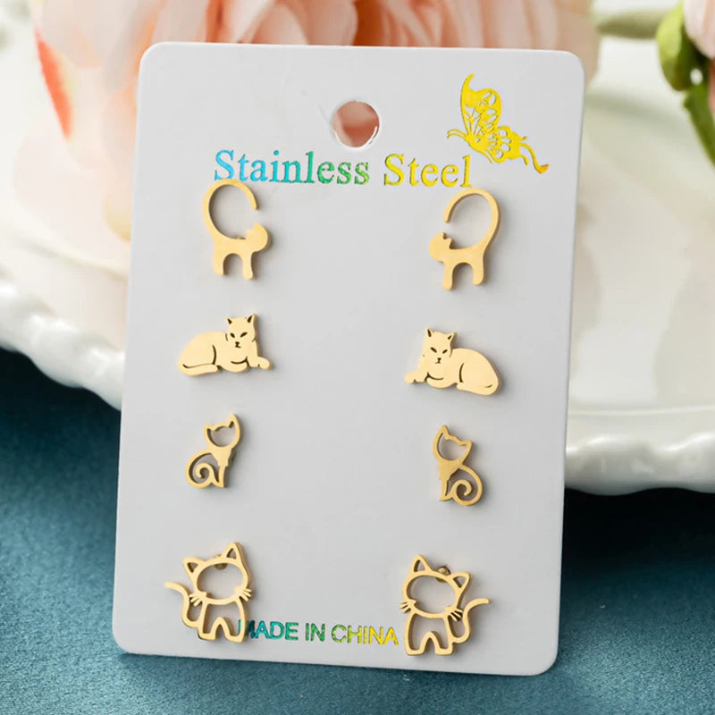 4Pairs/Lot Fashion Stainless Steel Star Moon Stud Earrings Sets for Women Small Flower Porker Dog Earings Jewelry Gift Wholesale