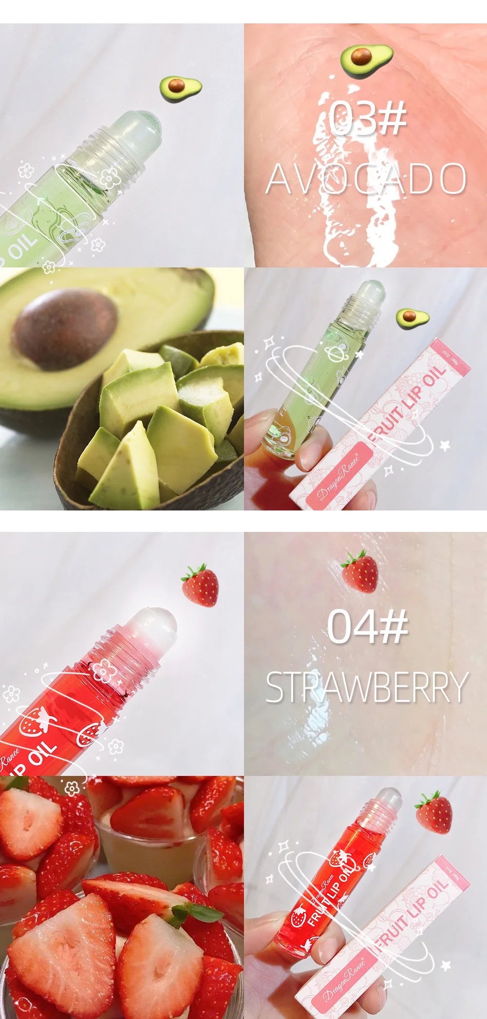 Hydrating Lip Oil Roller Gloss Moisturizing Nourishing Lip Balm Transparent Colorless Fruit Avocado Lip Care