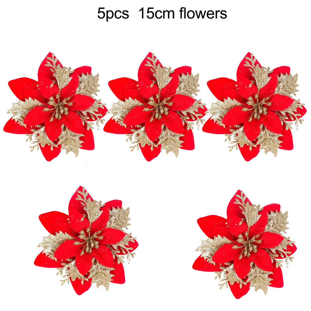 5-20pcs Sparkling Red Golden Silver Poinsettia Artificial Flowers Christmas Tree Ornaments for Xmas New Year party Decoration