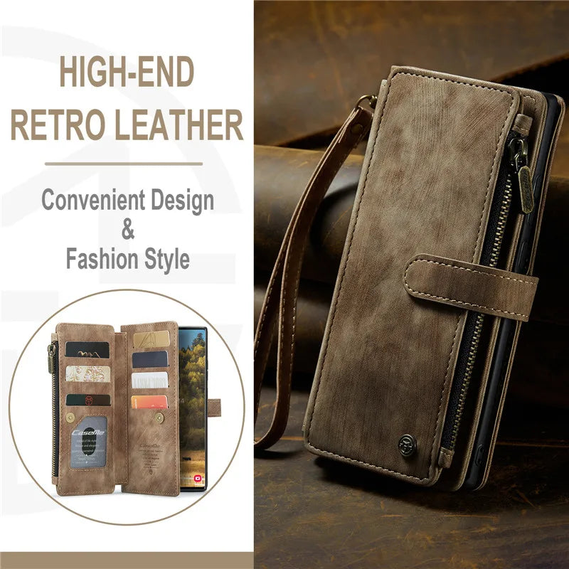 Flip Leather Phone Case For Samsung Galaxy S25 Edge S24 Ultra S23 FE S22 S21 S20 Plus Note 20 A16 A56 Zipper Wallet Card Cover