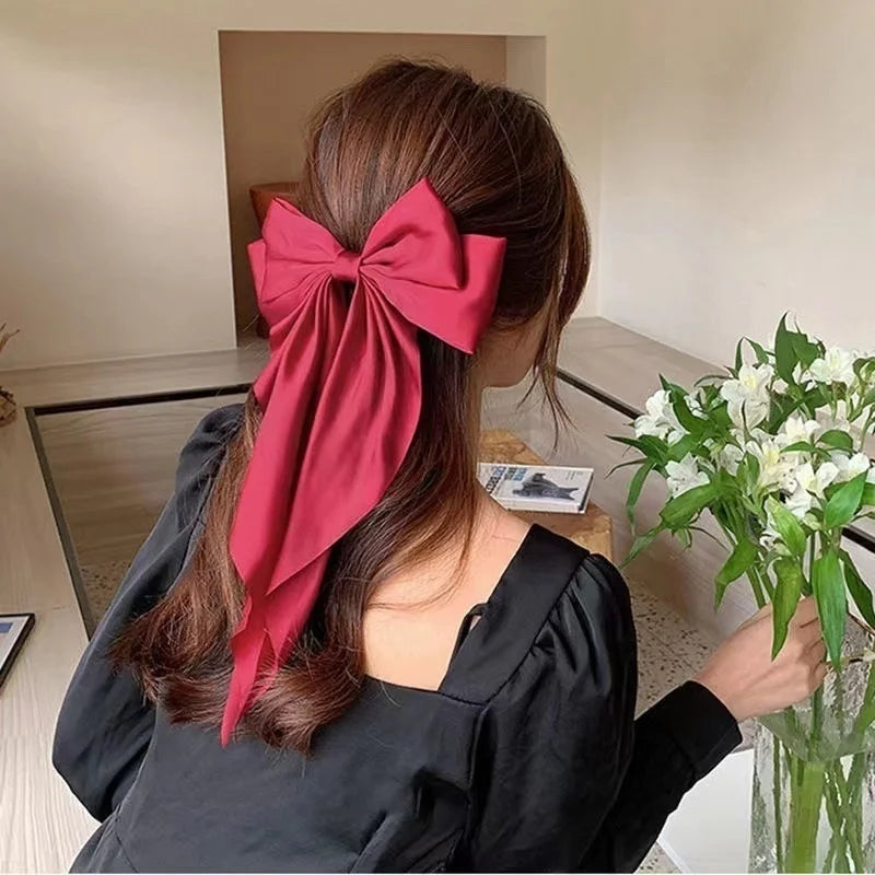 Chiffon Bow Hair Clip Women Large Bowknot Stain Hairpin Barrettes Girls Solid Color Ponytail Clip Hair Accessories Headwear Gift