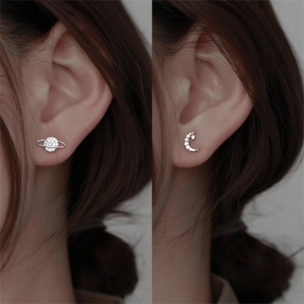 Simple Fashion Zircon Star Moon Mini Earrings for Women Cute Korean Planet Asymmetric Ear Studs Piercing Earrings Jewelry Gifts