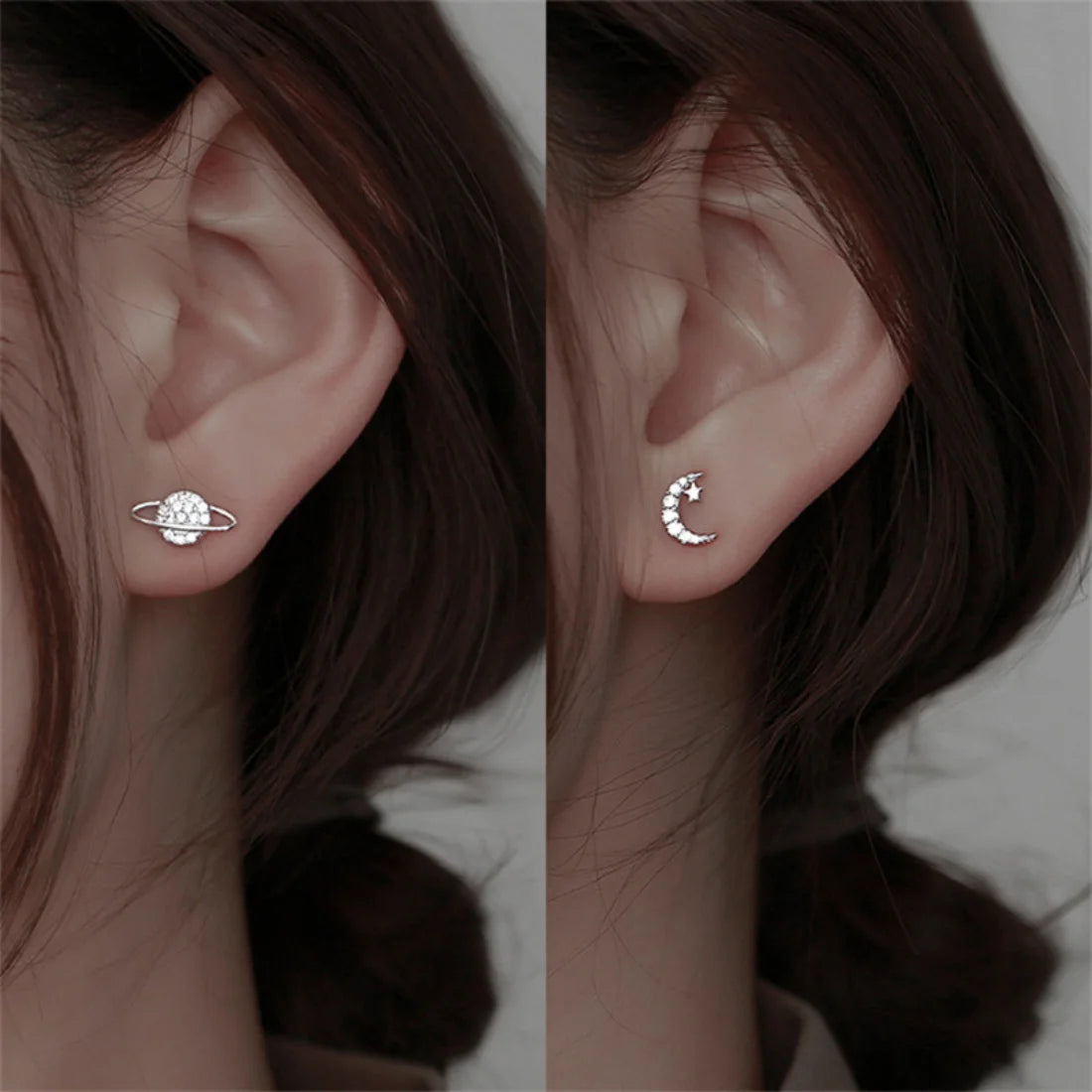 Simple Fashion Zircon Star Moon Mini Earrings for Women Cute Korean Planet Asymmetric Ear Studs Piercing Earrings Jewelry Gifts