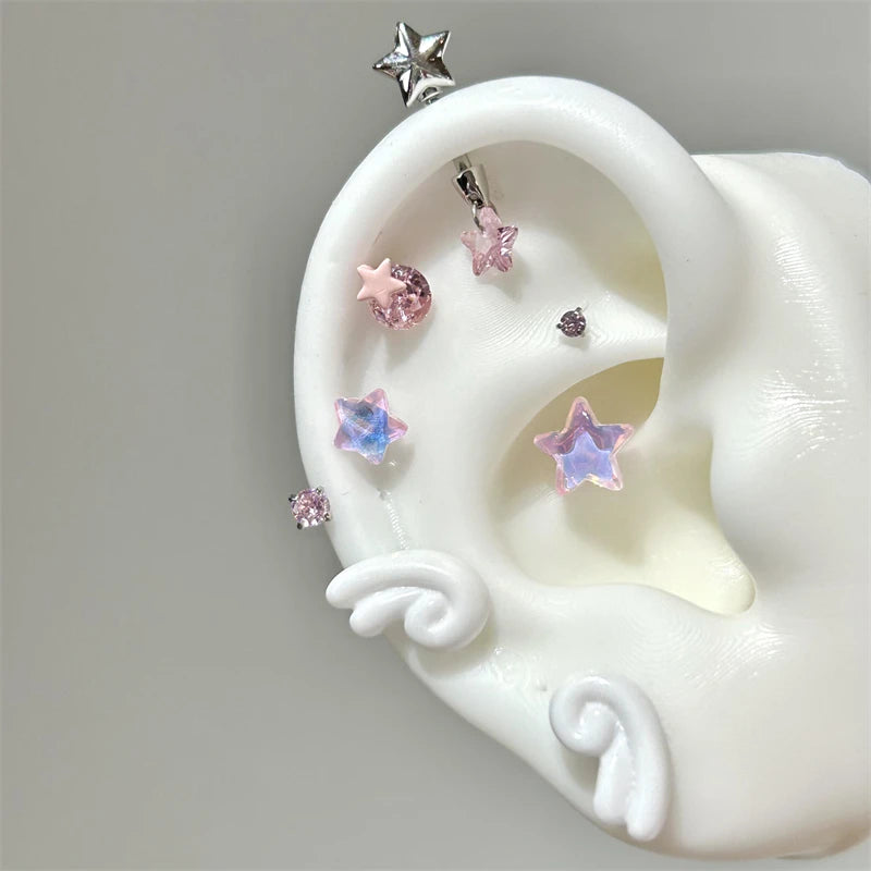 Sweet Angel's Wings Stainless Steel Ear Bone Nail Cute Acrylic Love Heart Cross Earrings for Women Body Puncture Accessories