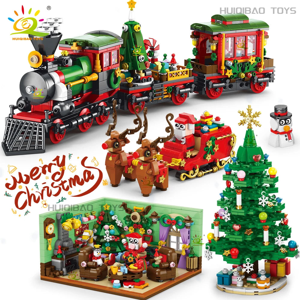 HUIQIBAO Christmas 24 Day Countdown Calendar Tree Santa Claus Train Model Building Block DIY Bricks Toys for Children Adult Gift