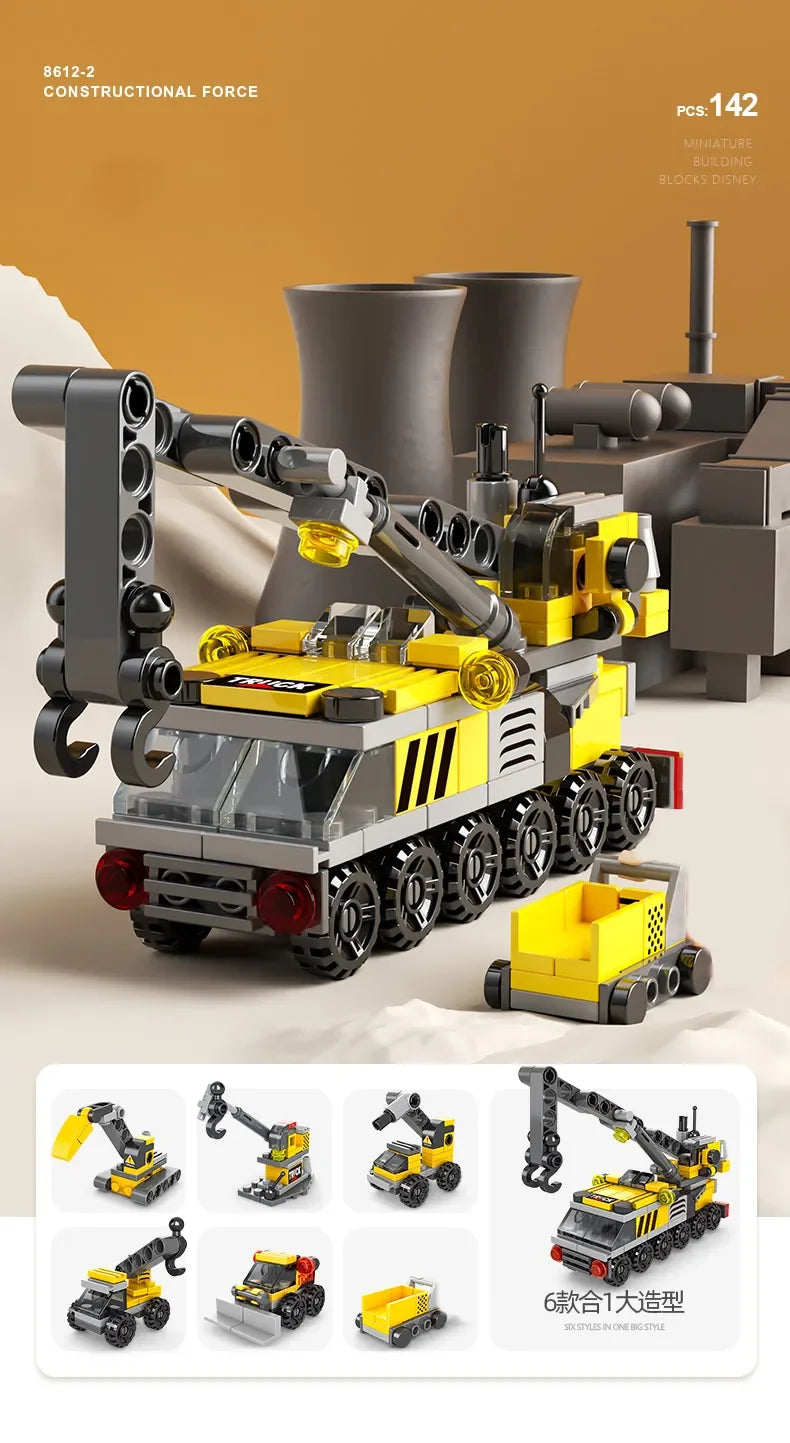 6IN1 Building Blocks City Fire Car Police Truck Engineering Crane Tank Helicopter Bricks Set Toys for Children Kids