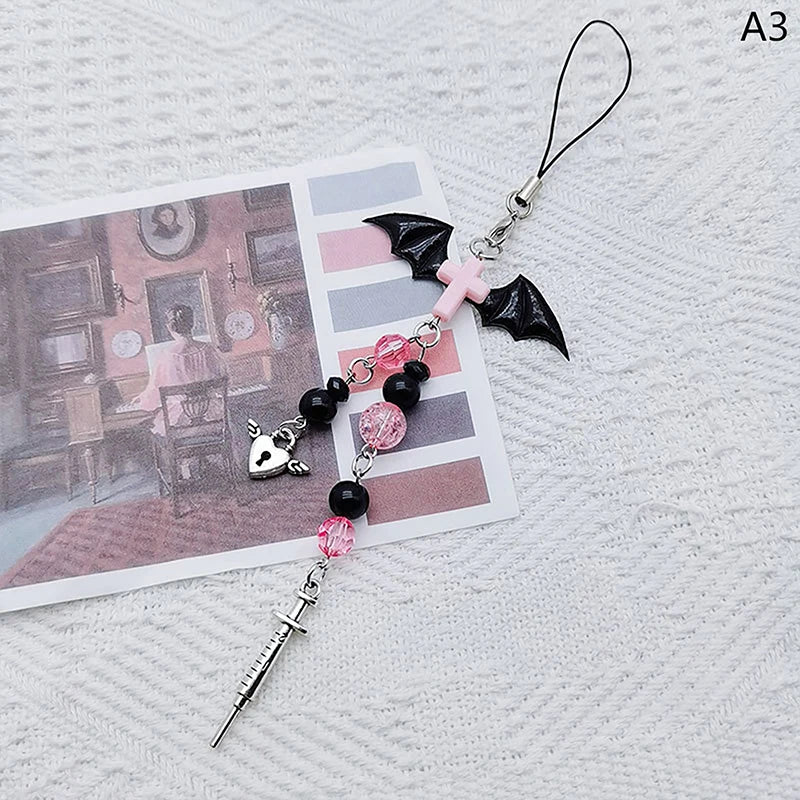 Black Punk Y2K Phone Pendant Chain Cool Girl Sweet Charm With Cross Butterfly Accessories For Phone Bag Lanyard Keychain