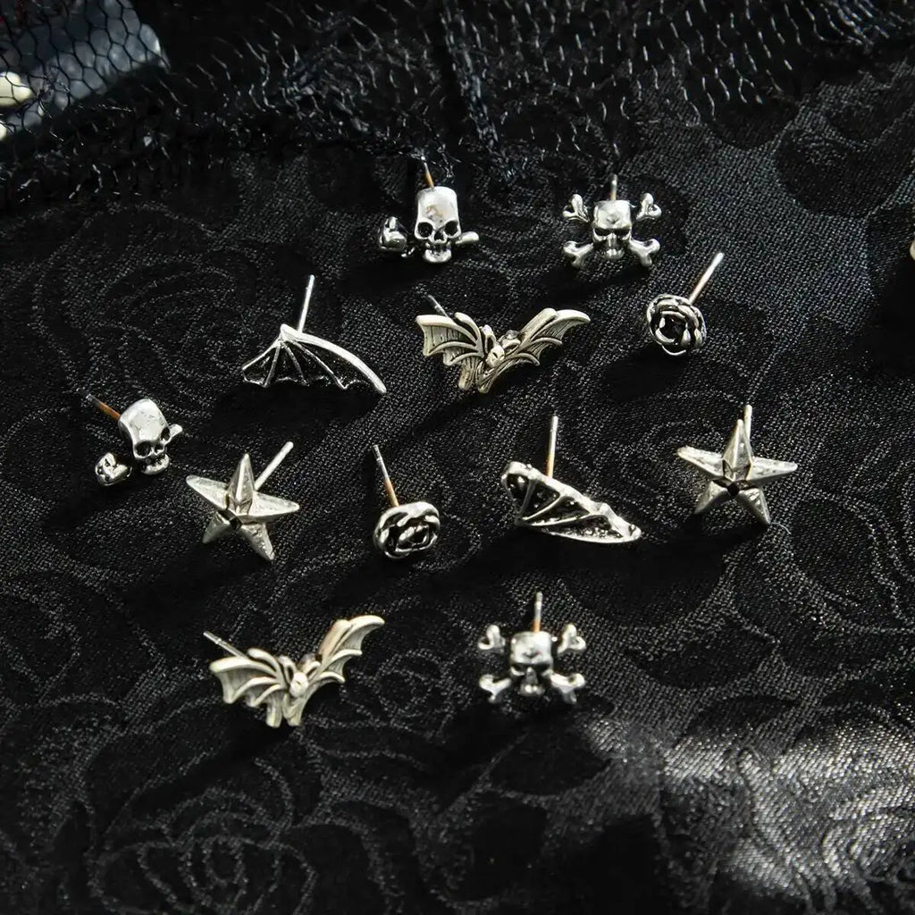 KunJoe 6 Pairs Gothic Spider Cross Skull Earrings for Women Retro Bat Skeleton Stud Earrings Halloween Jewelry Accessories