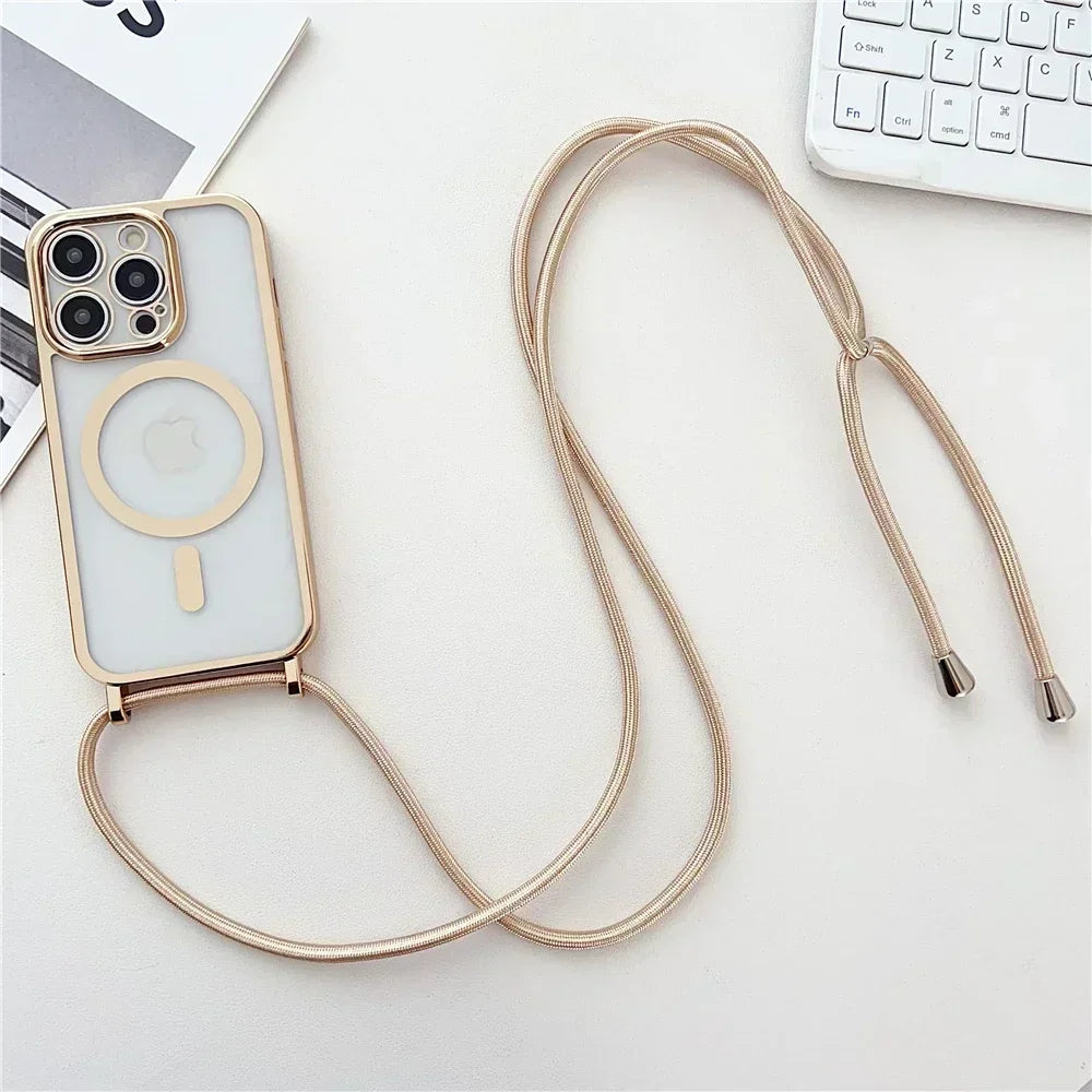 Crossboby Lanyard Plating Clear Phone Case For iPhone 17 Air 16E 16 15 14 13 12 Pro Max For Magsafe Magnetic Necklace Cord Cover